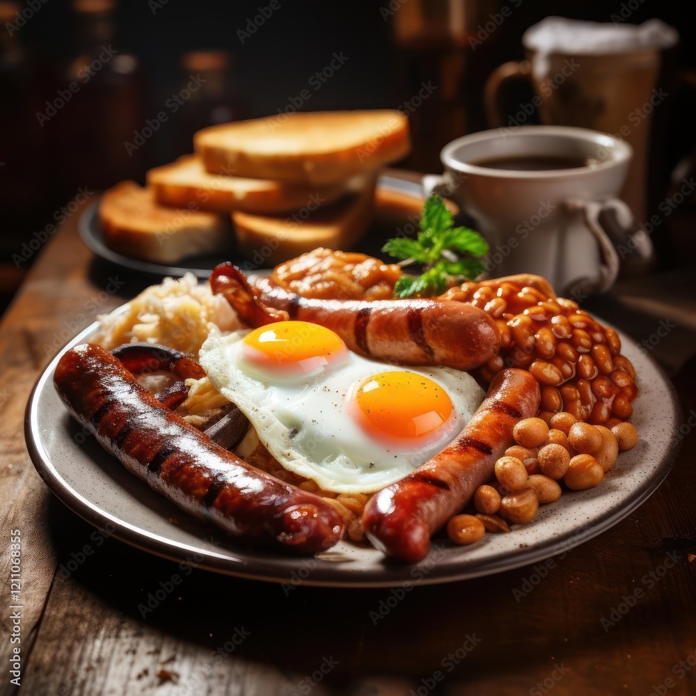 A plate of breakfast food, including sausages, eggs, baked beans, and toast, arranged on a table with coffee and a glass A plate of breakfast food, including sausages, eggs, baked beans, and toast, arranged on a table with coffee and a glass