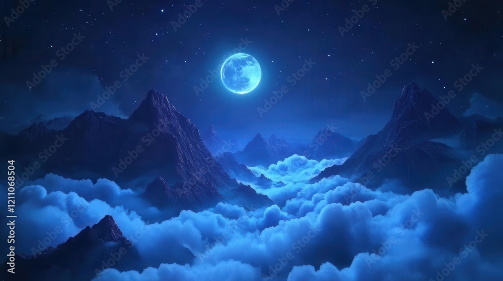 moonlit mountain peaks piercing through bioluminescent clouds, creating an otherworldly landscape bathed in ethereal blue and silver light, ultra-detailed digital painting moonlit mountain peaks piercing through bioluminescent clouds, creating an otherworldly landscape bathed in ethereal blue and silver light, ultra-detailed digital painting