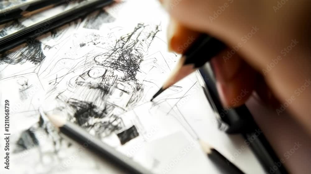 Dynamic sketching process: hand drawing artistic ink illustrations