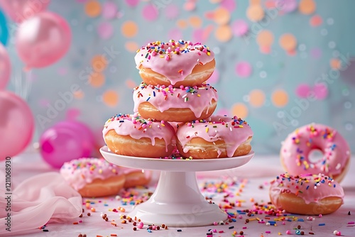 Delicious donuts with pink glaze and sprinkles on light background photo