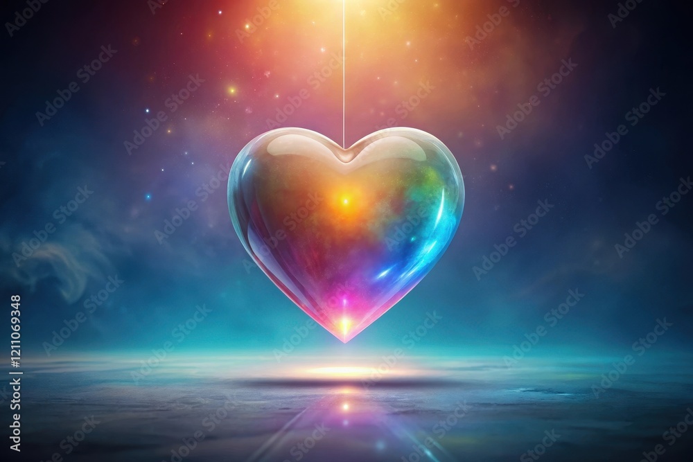 A cosmic heart, suspended in a vibrant nebula, reflects ethereal light onto a serene, reflective plane. A cosmic heart, suspended in a vibrant nebula, reflects ethereal light onto a serene, reflective plane.