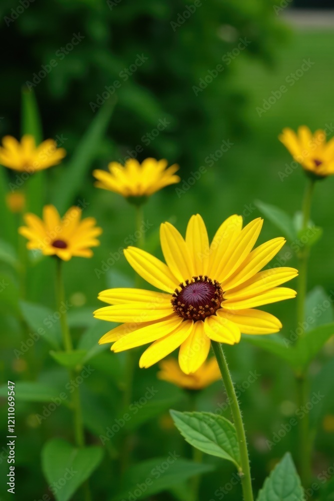 Obraz premium Yellow flowers against a backdrop of lush green foliage, helianthus salicifolius, countryside