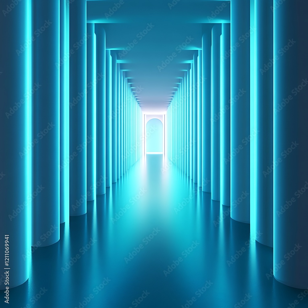 Naklejka premium Neon Lit Corridor With Cylindrical Pillars Leading To Light