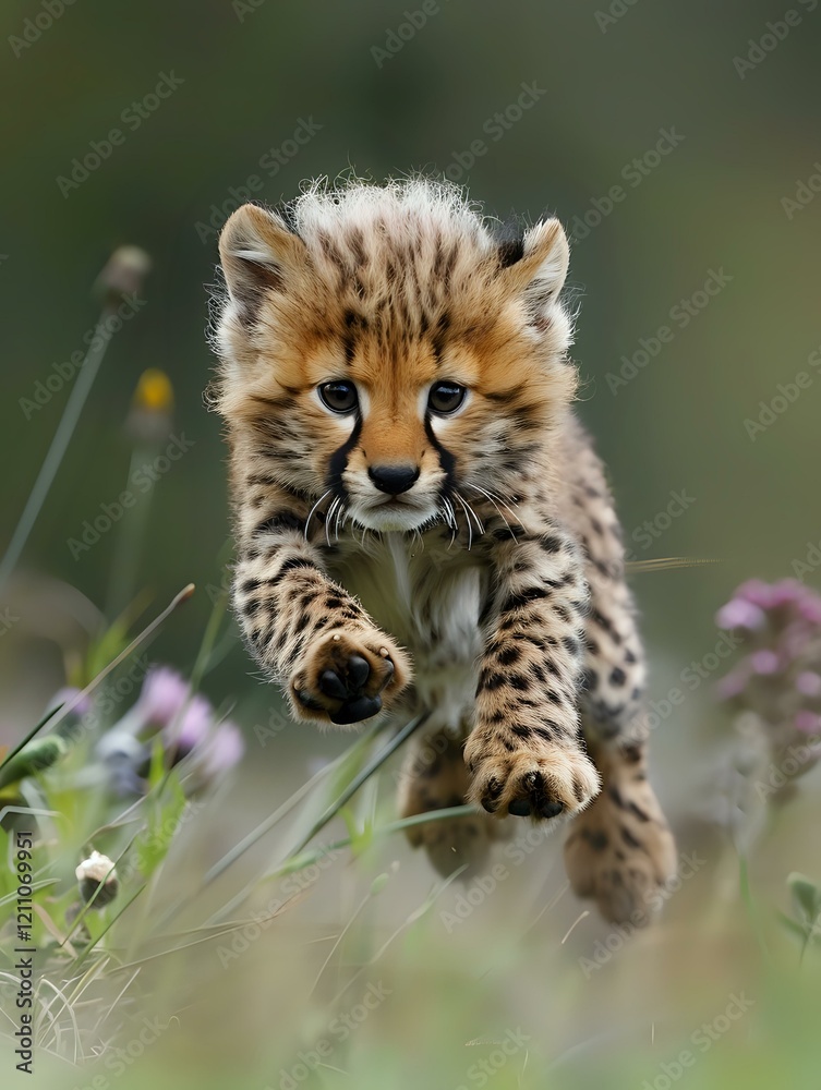 Obraz premium Adorable baby cheetah cub leaping through wildflowers, captured in dynamic action shot. Perfect for wildlife magazines, nature publications and conservation awareness campaigns.