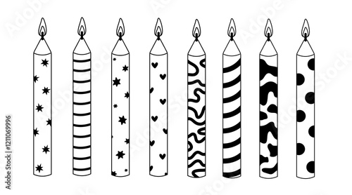 Colorful patterned candles arranged in a row for festive occasions