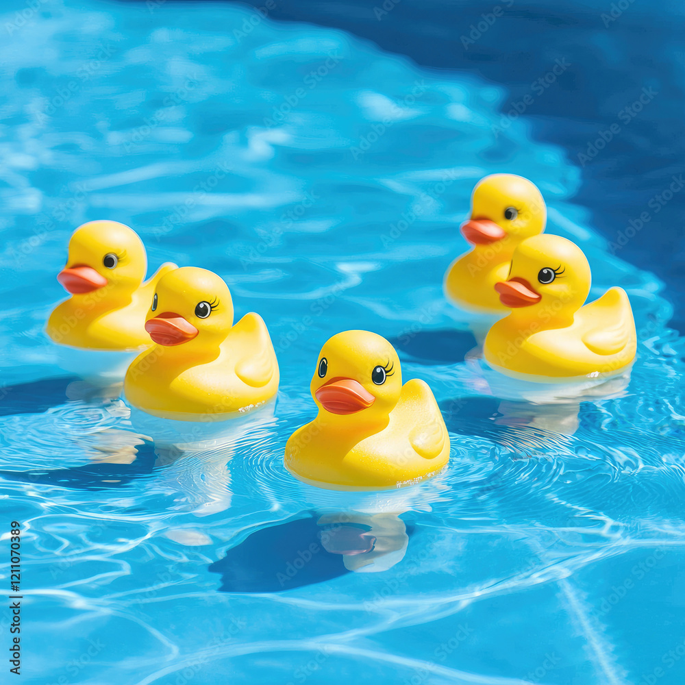 Five yellow rubber ducks float in a blue swimming pool, sunny day. Five yellow rubber ducks float in a blue swimming pool, sunny day.