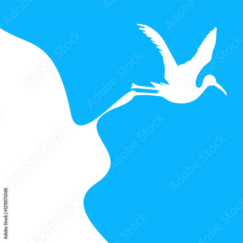 Blue sky serves as the backdrop for a minimalist cartoon illustration of elegant white storks gracefully flying. Rendered in a clean vector style, the birds add charm with their effortless soaring.
