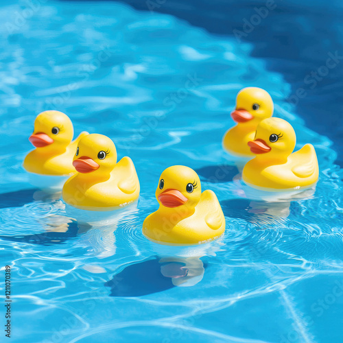 Five yellow rubber ducks float in a blue swimming pool, sunny day.