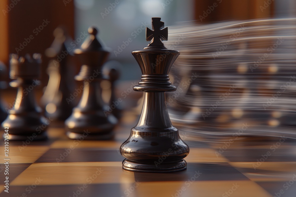 Elegant Black Chess King Surrounded by Motion Blur, Symbolizing Strategy and Intense Competition in a Classic Game of Chess on a Wooden Board Elegant Black Chess King Surrounded by Motion Blur, Symbolizing Strategy and Intense Competition in a Classic Game of Chess on a Wooden Board