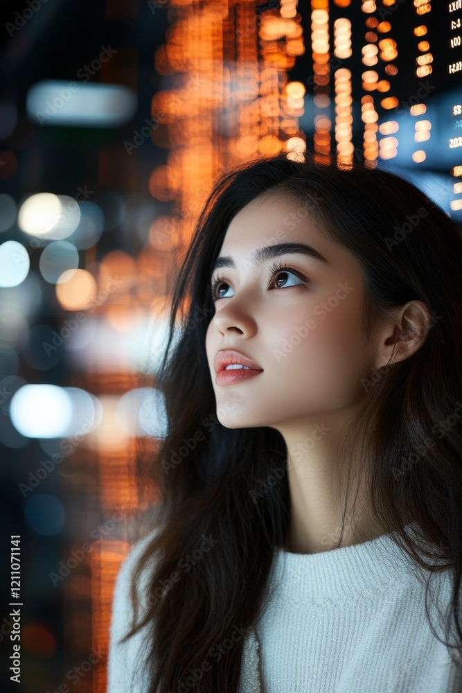 Woman gazing thoughtfully in a city setting with vibrant lights at night in a contemporary urban environment Woman gazing thoughtfully in a city setting with vibrant lights at night in a contemporary urban environment