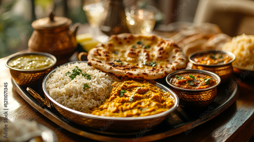 Traditional Indian Feast with Curries, Naan, and Rice, Traditional Indian Feast with Curries, Naan, and Rice,