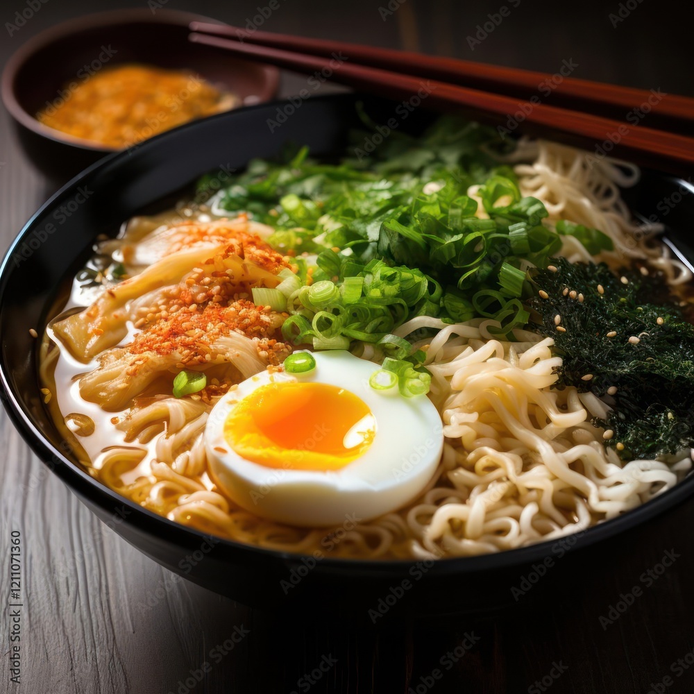 A bowl of ramen with a soft-boiled egg on top