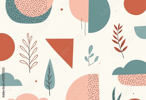 モダンなシームレスパターン：シンプルな線と形、ミュートされた色と幾何学的な形。純粋な白の上のパステルカラーのミニマリストアート。

