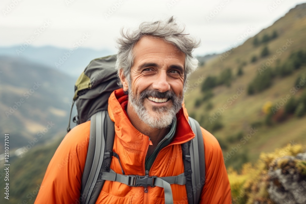 Portrait of a senior man with a beard and mustache in an orange jacket hiking in the mountains. Portrait of a senior man with a beard and mustache in an orange jacket hiking in the mountains.