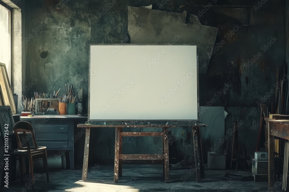 Empty Canvas in Artist Studio with Creative Tools and Light Empty Canvas in Artist Studio with Creative Tools and Light