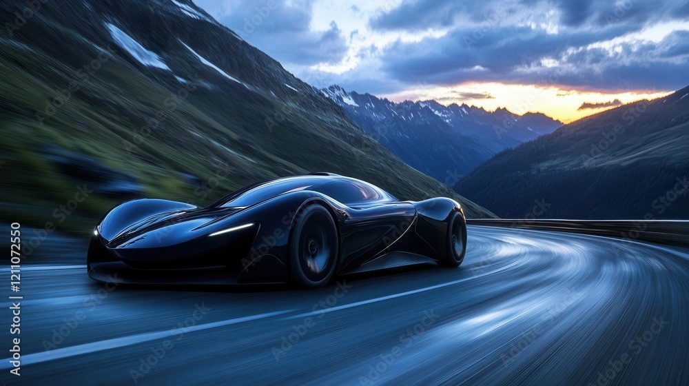 Naklejka premium sleek electric sports car in metallic midnight blue navigating a curved mountain road at twilight, with motion blur and dramatic lighting