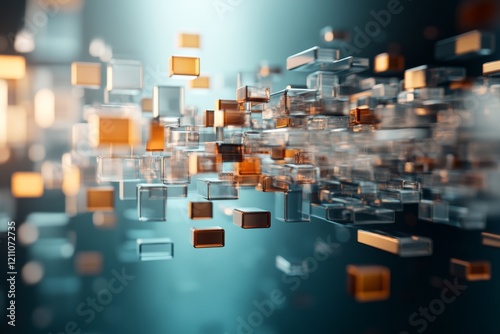 Dynamic abstract shapes floating in a bright blue space during a digital transformation concept