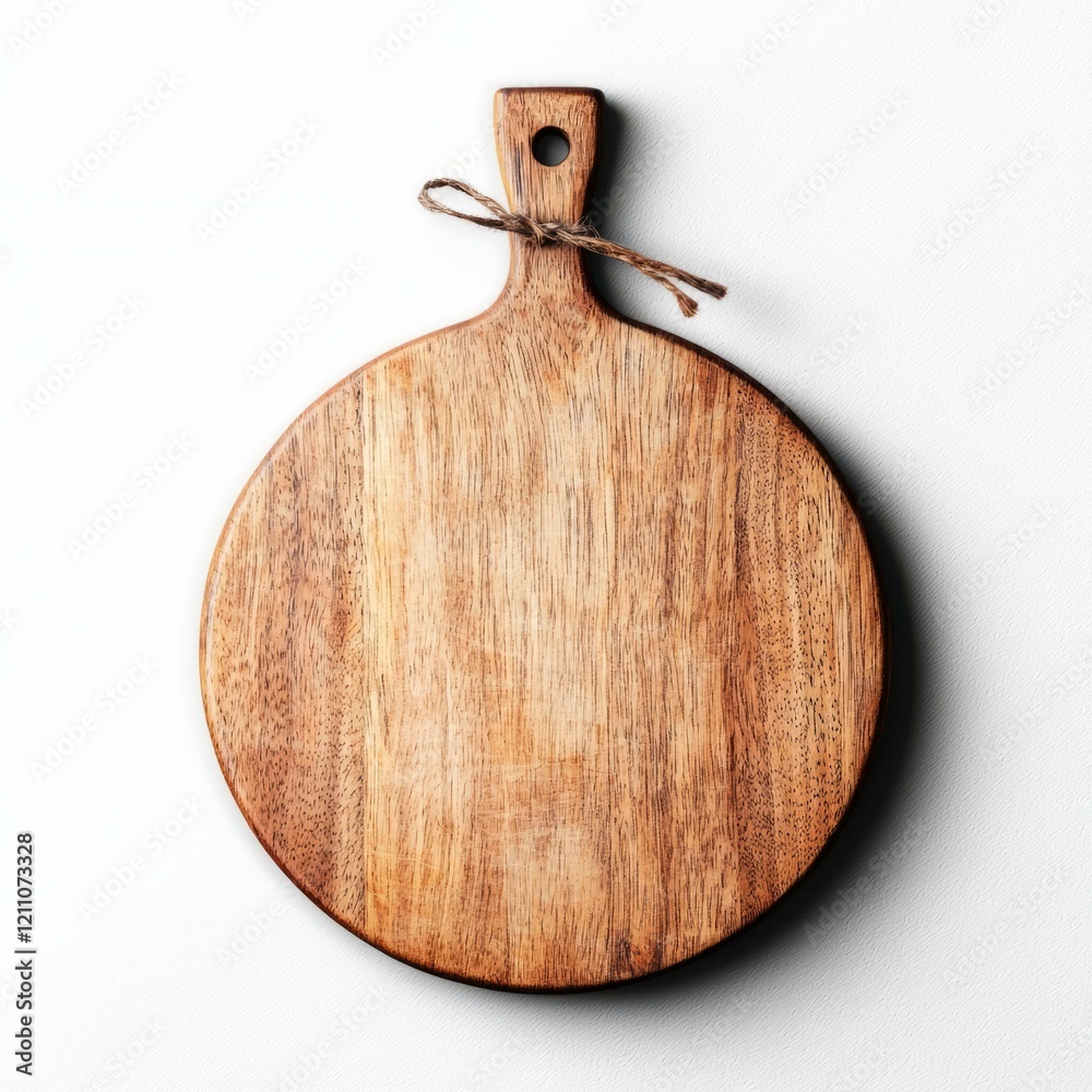 Wooden cutting board with rope displayed on a rustic kitchen countertop surface Wooden cutting board with rope displayed on a rustic kitchen countertop surface