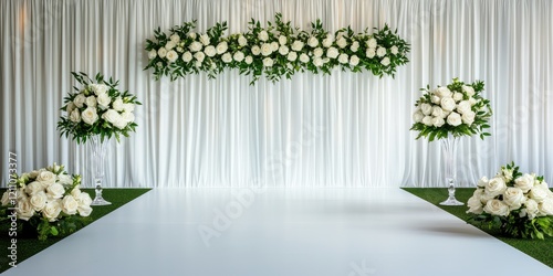 Elegant wedding ceremony backdrop with white roses and greenery decorations on a white curtain background.