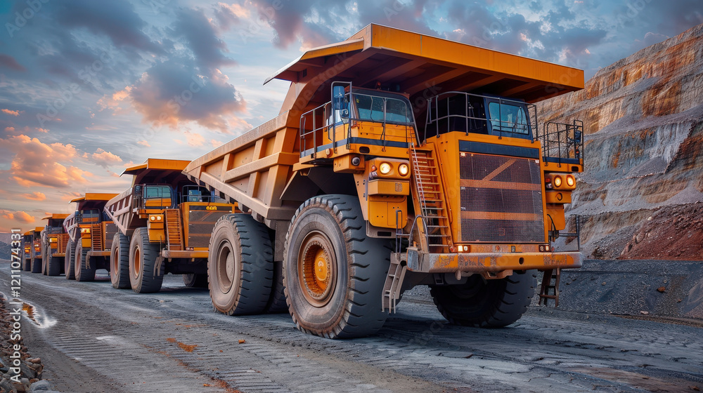 Massive Dump Trucks Ready for Work at a Mining Site Under a Stunning Sky with Dramatic Clouds Massive Dump Trucks Ready for Work at a Mining Site Under a Stunning Sky with Dramatic Clouds