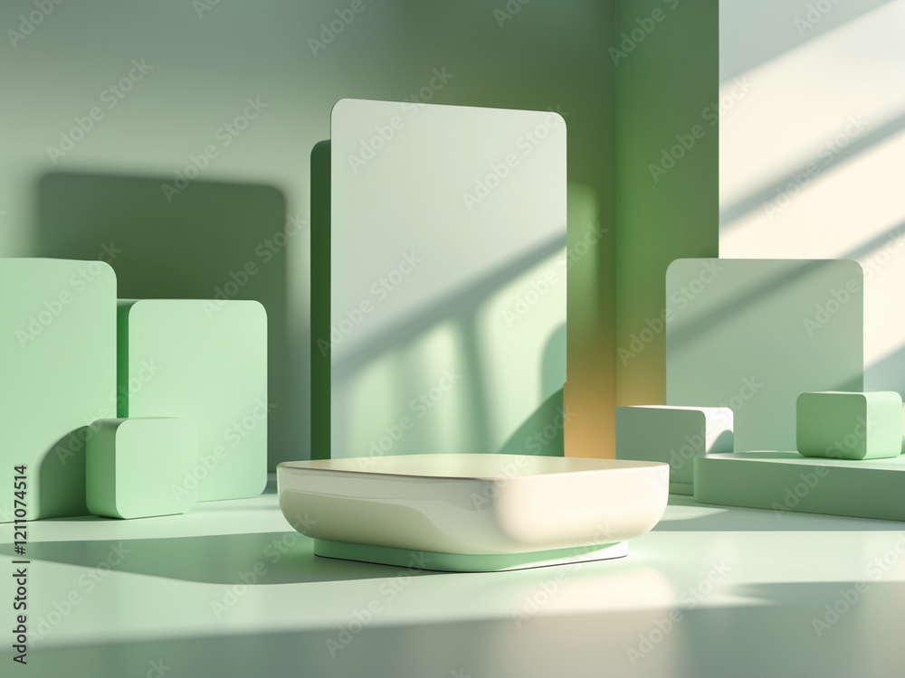 Minimalist 3D product display with soft green tones, geometric shapes, and natural lighting. Minimalist 3D product display with soft green tones, geometric shapes, and natural lighting.