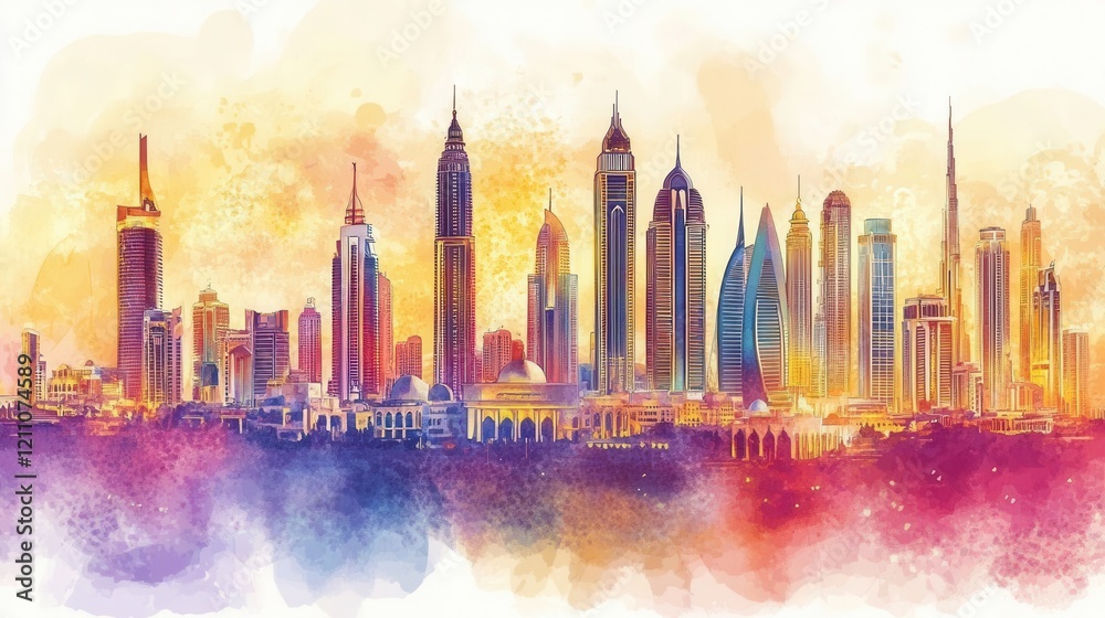 vibrant dubai cityscape watercolor illustration featuring modern architecture, traditional elements, and gold accents against a sunset sky vibrant dubai cityscape watercolor illustration featuring modern architecture, traditional elements, and gold accents against a sunset sky