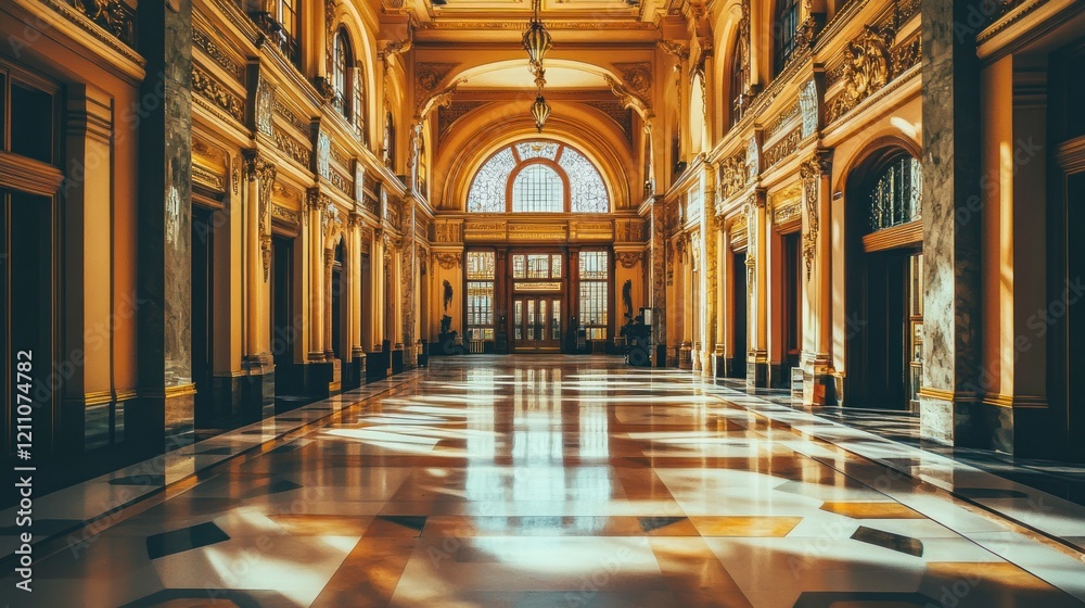 Obraz premium Grand Hallway Interior Architectural Marvel: Sunlight Illuminates Opulent Palace