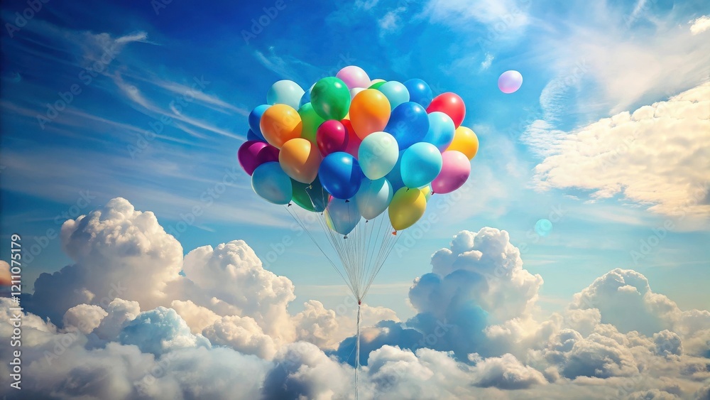 Fototapeta premium A whimsical cluster of vibrant balloons ascends through a breathtaking expanse of fluffy white clouds and a cerulean sky, creating a joyful and uplifting scene.