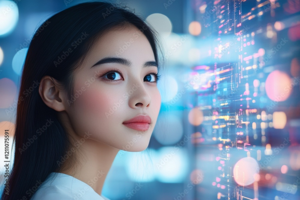 Young woman looking thoughtfully at digital display in urban setting at night Young woman looking thoughtfully at digital display in urban setting at night