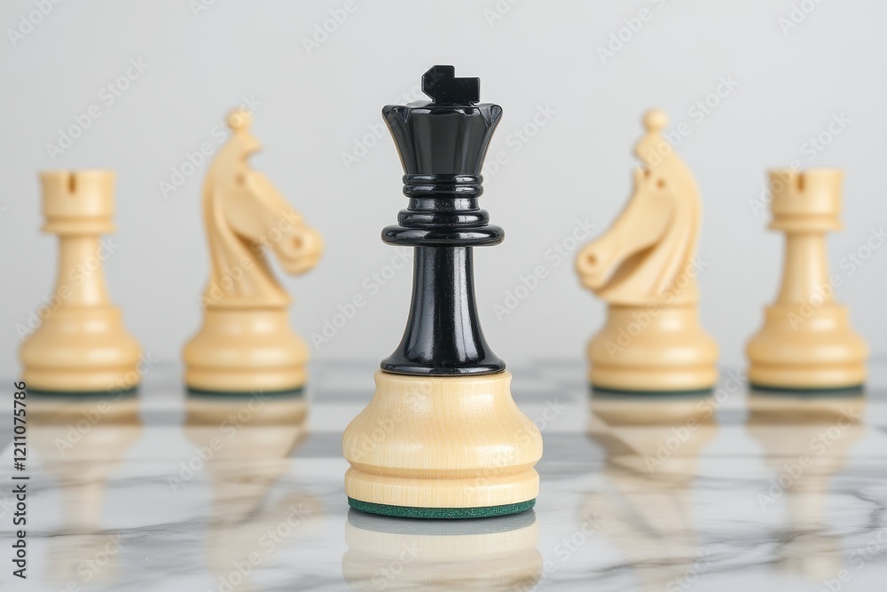 Elegant Game of Chess Featuring a Black King Piece Surrounded by Light Chess Knights on a Marble Surface for Strategic Play and Competition Elegant Game of Chess Featuring a Black King Piece Surrounded by Light Chess Knights on a Marble Surface for Strategic Play and Competition