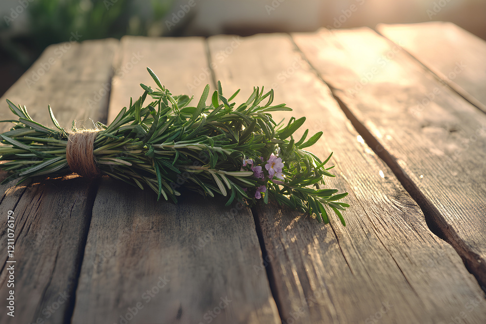 Close-Up of Fresh Rosemary and Thyme Bundle on Rustic Wooden Table Close-Up of Fresh Rosemary and Thyme Bundle on Rustic Wooden Table