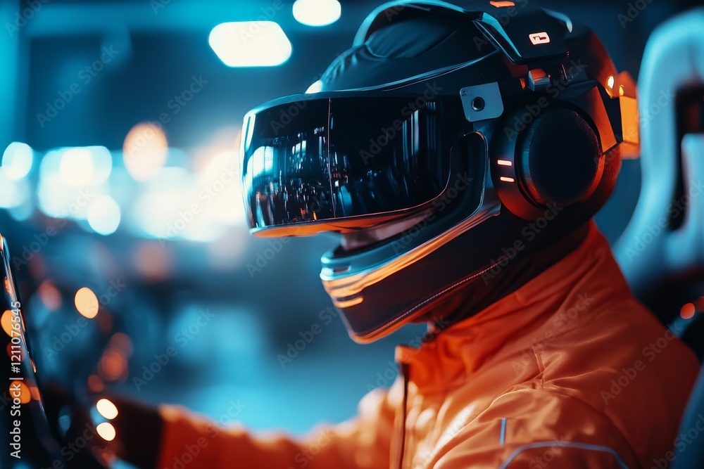 Race car driver wearing advanced helmet, focused on racing in futuristic gaming environment at night Race car driver wearing advanced helmet, focused on racing in futuristic gaming environment at night