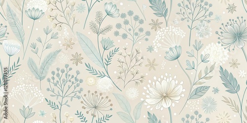 Elegant Pastel Floral Botanical Seamless Pattern Design Featuring Delicate Line Art Flowers and Leaves on a Soft Beige Background