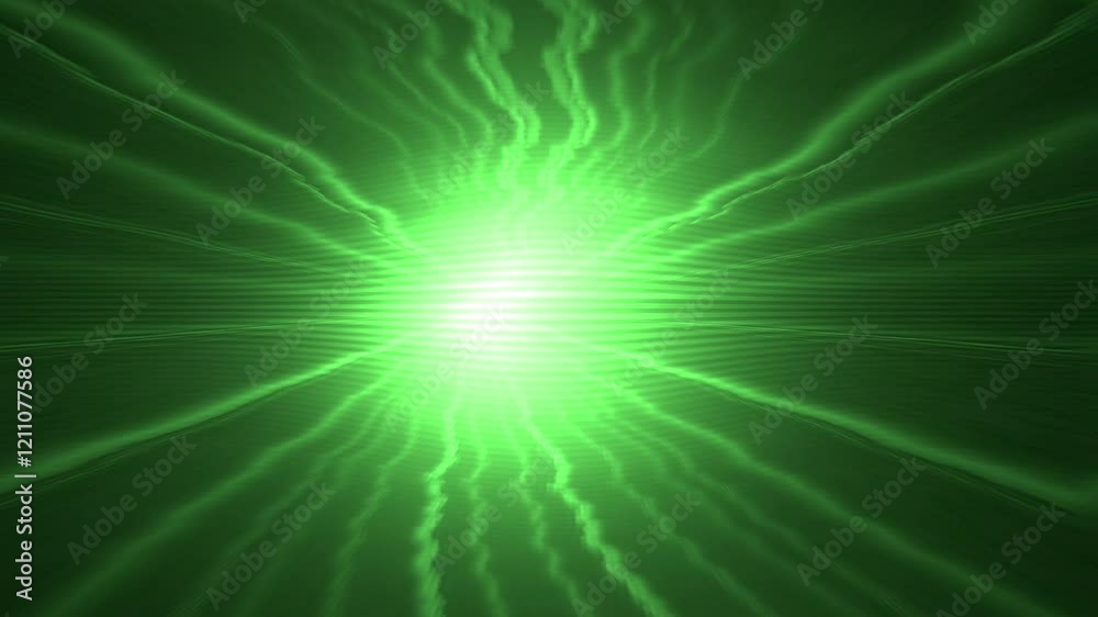 Big glowing green ball of energy emitting light rays animation