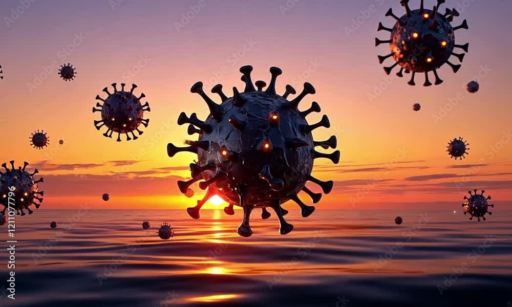 AI - Futuristic 3D Illustration of Virus Cells Under Microscope, showing glowing particles and biological structures.