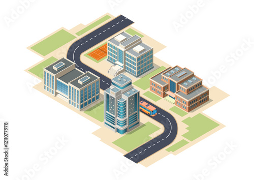 Isometric modern building with road and bus photo