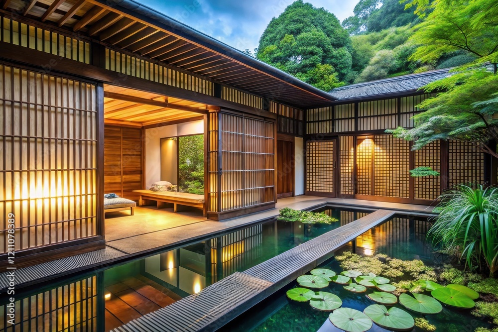 Fototapeta premium Serene Courtyard with Tranquil Water Feature and Wooden Shoji Screens in a Peaceful Zen Garden