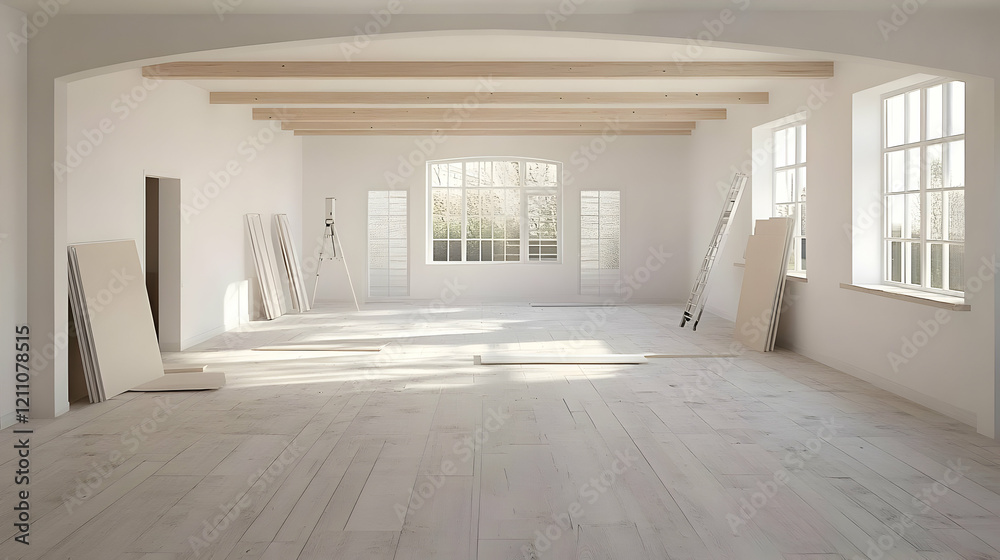 Fototapeta premium Empty Room Under Renovation Shows White Flooring, Exposed Beams, and Natural Light