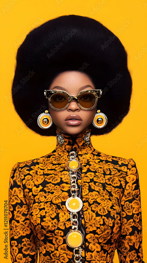 Stylish Model Poses in Bold Orange and Black Outfit with Big Afro Hairstyle on Vibrant Yellow Backdrop Stylish Model Poses in Bold Orange and Black Outfit with Big Afro Hairstyle on Vibrant Yellow Backdrop