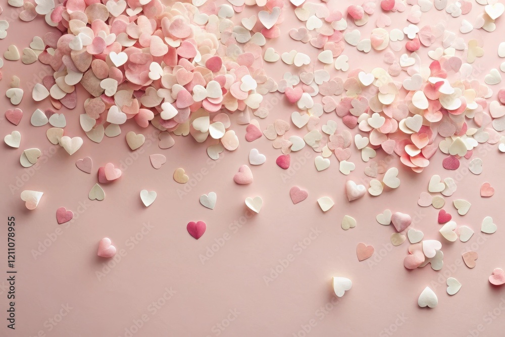 Obraz premium Pastel Pink Heart Shaped Confetti Scattered on a Soft Background, Ideal for Romantic Designs and Festive Celebrations