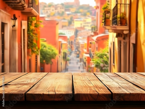 Empty Wooden Table with Blu...