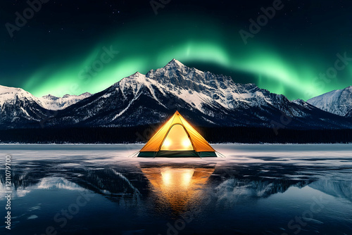 Glowing Tent Sits on Frozen...