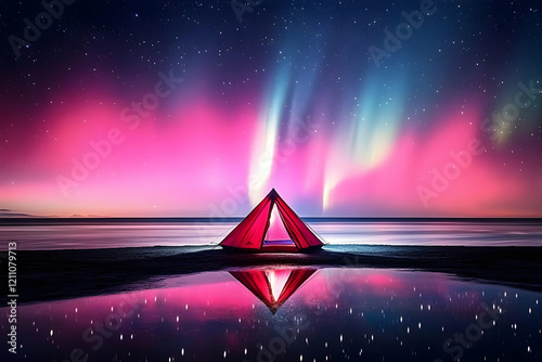 Red Tent Stands on Beach Un...