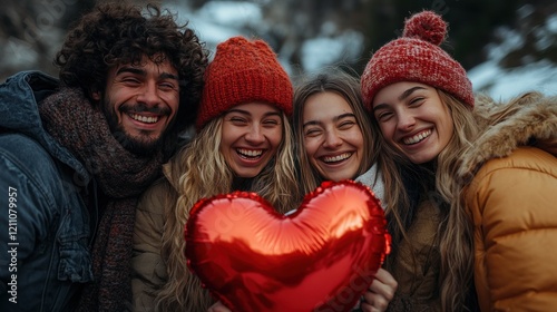 Happy friends, winter mountains, red heart balloon, love