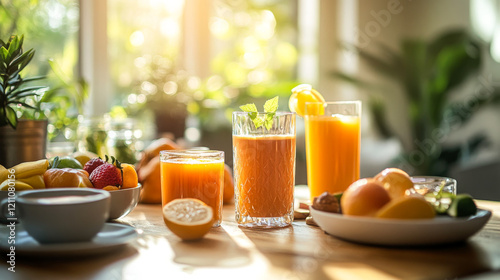 Sunlit Brunch Scene with Freshly Squeezed Juices,