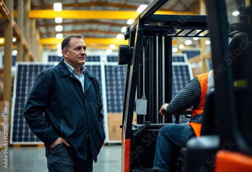 Businessman monitors forklift driver while overseeing the movement of solar panels in the factory warehouse, ensuring safety and efficiency.