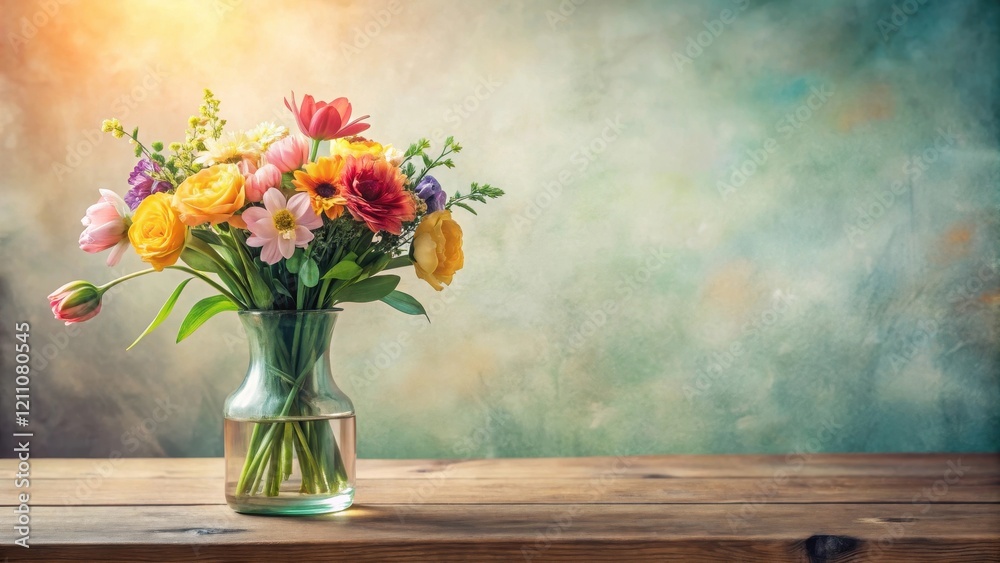A Vibrant Spring Bouquet in a Glass Vase on a Rustic Wooden Table Against a Soft Textured Background A Vibrant Spring Bouquet in a Glass Vase on a Rustic Wooden Table Against a Soft Textured Background