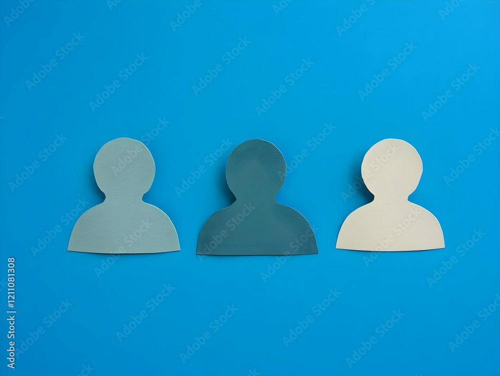 Three Paper Cutout Figures Stand on a Vibrant Blue Backdrop Symbolizing Diversity Three Paper Cutout Figures Stand on a Vibrant Blue Backdrop Symbolizing Diversity