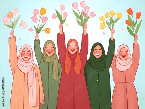 Five Happy Women Holding Tu...