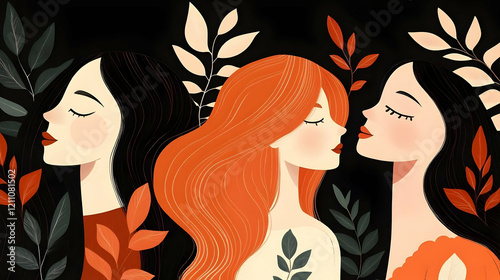 Three Women with Flowing Ha...